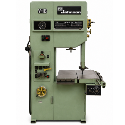 Dake-Johnson V-16 vertical band saw in green, front view