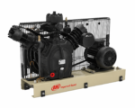Ingersoll Rand piston air compressor seen at an angle on its steel base